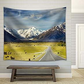 Landscape with Road and Snowy Mountains, Southern Alps, New Zealand - Fabric Wall Tapestry Home Decor - 51x60 inches