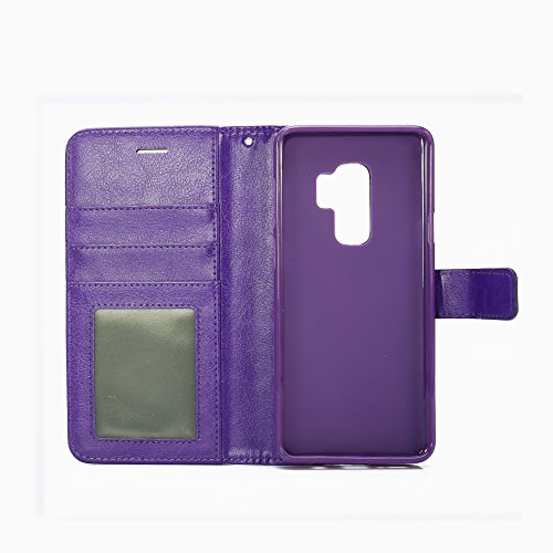 Samsung Galaxy S9 Plus Case, HLCT PU Leather Case, with Soft TPU Protective Bumper, Built-in Kickstand, Cash and Card Pockets (Purple)