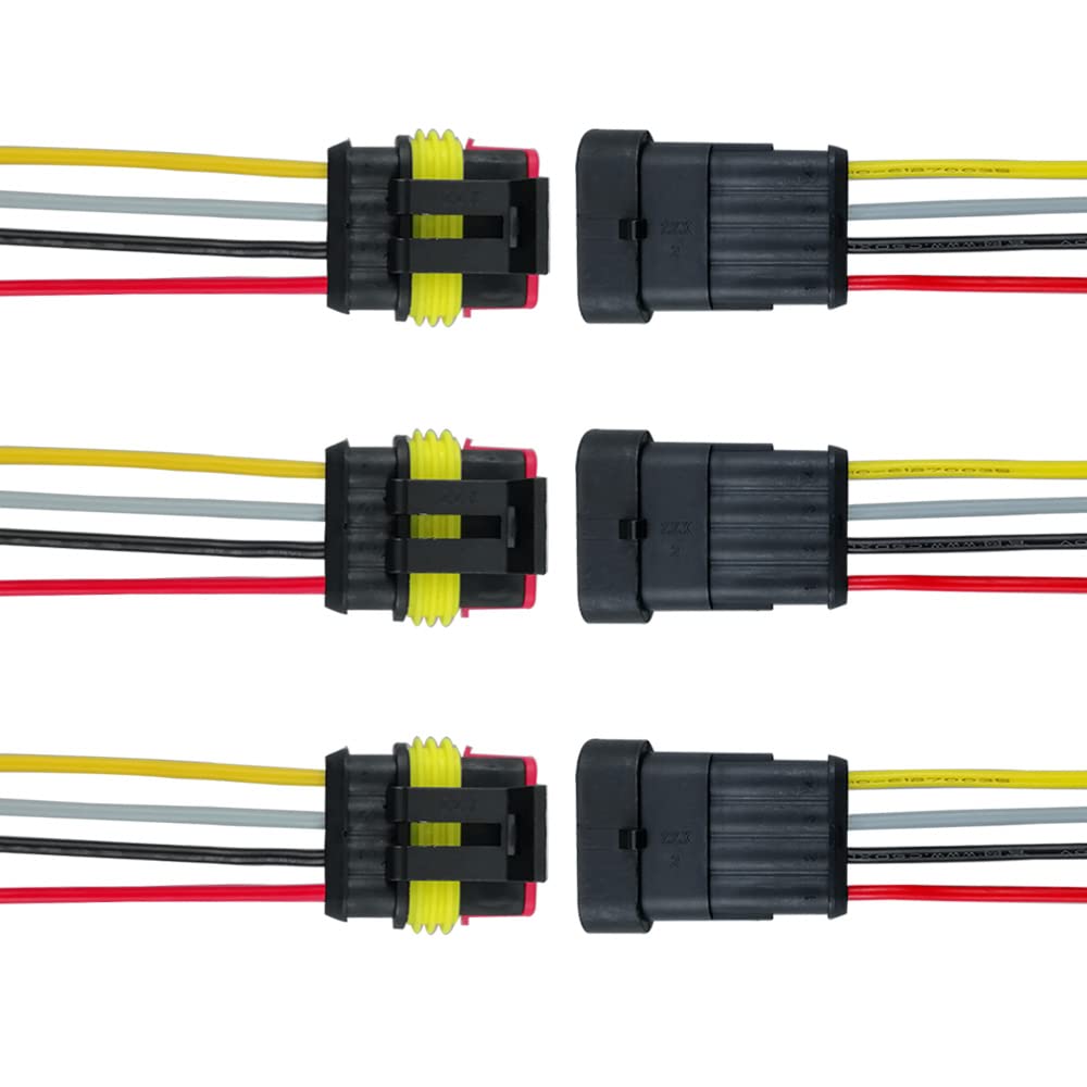 QitinDasen 3 Set 4 Pin Waterproof Car Electrical Connectors, Sealed Waterproof Electrical Connector Plug Socket Kit with 16 AWG Pre-Wired, for Car Truck Boat
