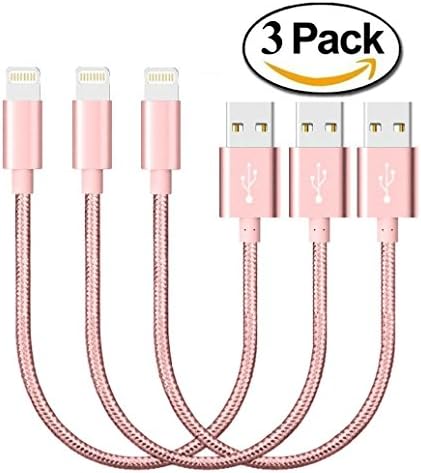 Short Lightning Cable [3 Pack] Nylon Braided Lightning to USB Cable Sturdy Charging Cord for iPhone 7, iPhone 6, iPad, iPod iOS10 and Other Apple Devices (Rose Gold)