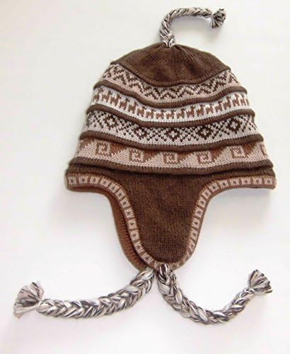 Alpakaandmore, Unisex Alpaca Wool Chullo Fleece Lined Ski Hat with Ear Flaps One Size Brown (One Size)