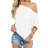 REVETRO Off the Shoulder Tops for Women Summer Sexy Short Sleeve Shirt Casual Batwing Blouse Oversized T Shirt Tunic Top