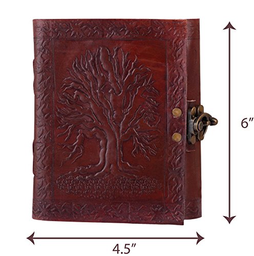 ALBORZ Handmade Genuine Leather Travel Journal Tree of Life with Antique Lock , Leather Bound Refillable Notebook , Best Gift for Art Sketchbook , Size 6 x 4 inches