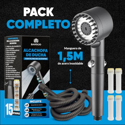 BAMAJO© Shower Head with 15 Stage Filter – Anti-Limescale Shower Filter with 1.5 M Hose – High Pressure Shower Head with 3 + 1 Water Saving Modes – 4 Anti-Limescale Shower Filters – Shower Head
