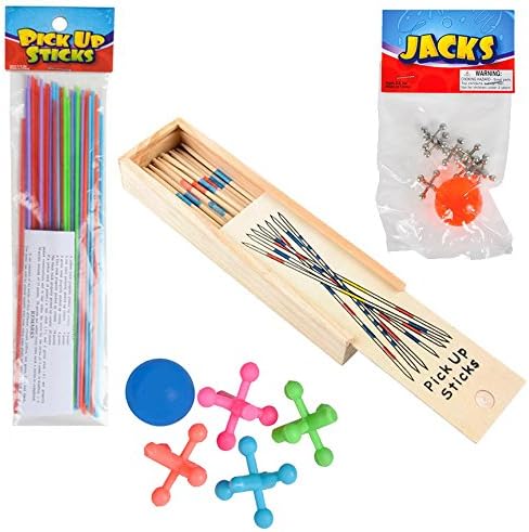 Nest Egg Sales Pick-up Sticks Game ( Wooden and Neon Plastic ) - Ball and Jacks ( Metal and Plastic ) - Classic Novelty Toys for Kids of all Ages