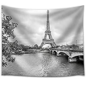 Paris Eiffel Tower from Seine. Cityscape in Black and White - Fabric Wall Tapestry Home Decor - 51x60 inches