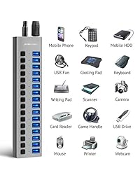 ACASIS   Hub de datos USB 3.0 con 16 puertos, con interruptores individuales de encendido apagado y adaptador de alimentación de 12 V 5 A USB Hub 3.0 divisor para portátil, PC, ordenador, disco duro móvil, unidad flash y más