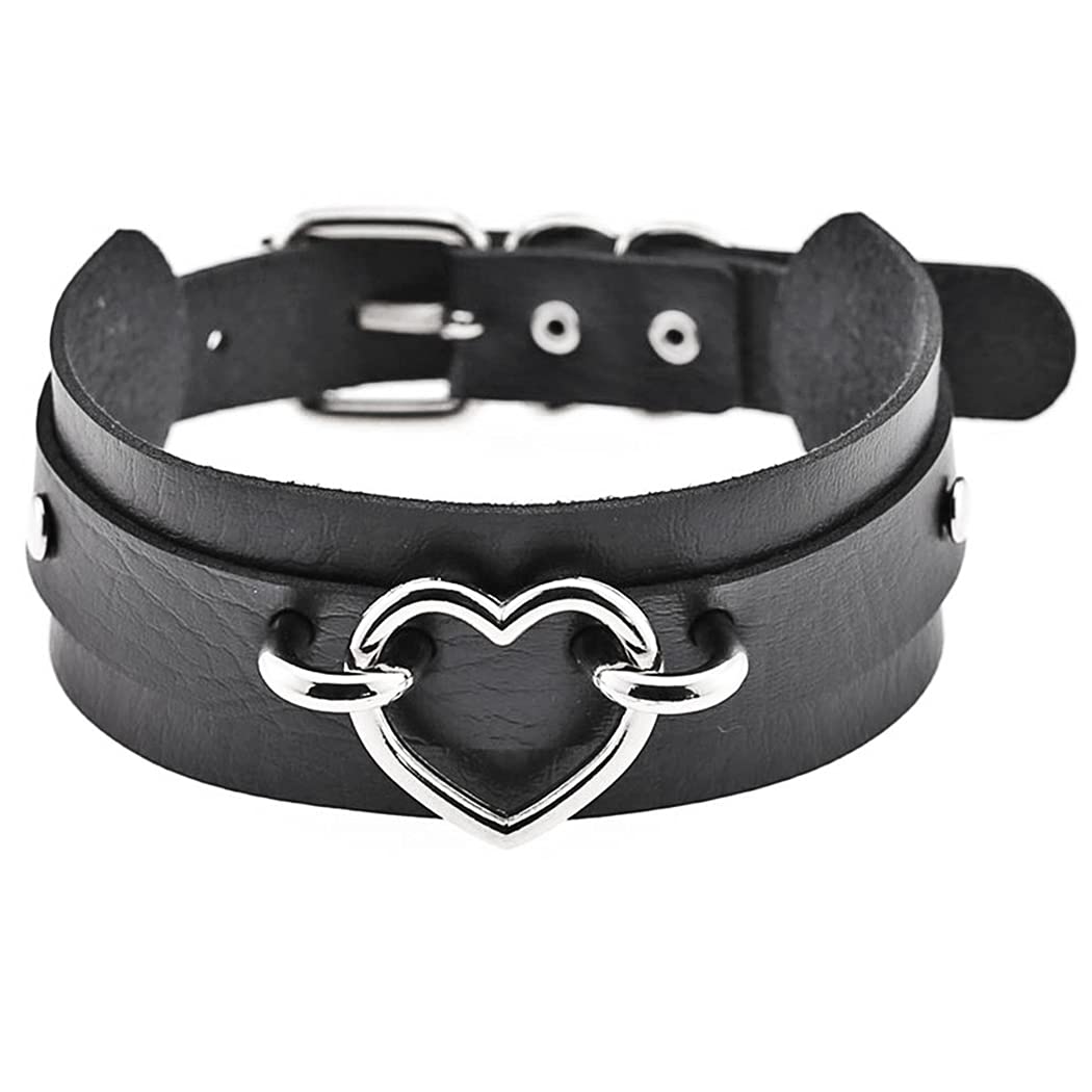 Aabellay Heart Choker Necklace PU Leather Goth Choker Collar with Heart Punk Rock Collar Adjustable Size – Black with Silver Heart