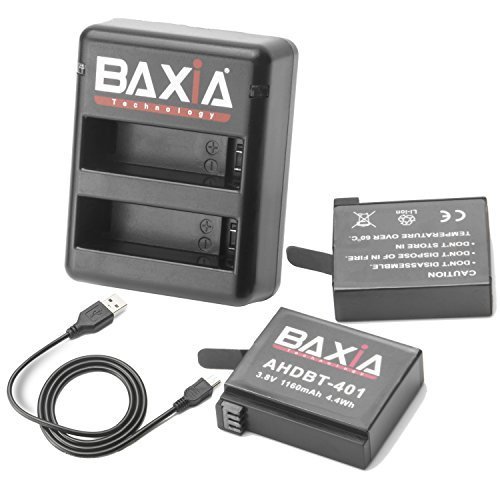 BAXIA TECHNOLOGY® Premium Power Battery Backup(2-Pack) Rechargeable Battery Pack Replacement Battery Dual Battery Charger for GoPro HERO 4 Black/Silver Camera Camcorder(GoPro AHDBT-401 + GoPro AHBBP-401 + USB Cord)