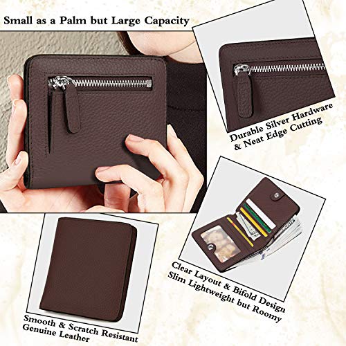 AINIMOER Small Leather Wallet for Women, Ladies Credit Card Holder RFID Blocking Women's Mini Bifold Pocket Purse, Coffee