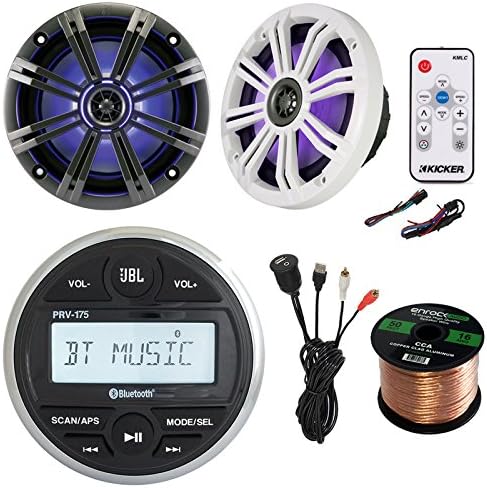 JBL Marine Digital Media Receiver with Built-In Bluetooth, 2x Kicker 6.5" LED Boat Speakers, Controller, Enrock USB AUX Interface, 50 Foot 16-G Speaker Wire