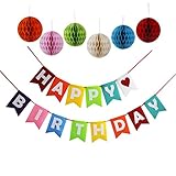 Threemart Happy Birthday Decoration Banner With Colorful Tissue Pom Pom Ball