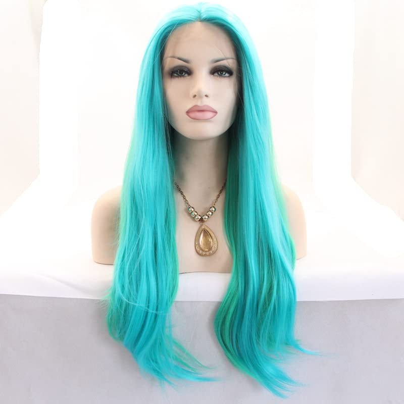 xiweiya Mixed Green Blue Synthetic Lace Front Wigs Ombre Blue Long Natural Wave Lace Full Wigs Middle Parting Wigs 150% Density Hair Heat Resistant Fiber Hair For Women 24inch
