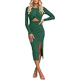 oten Women Casual Long Sleeve Cutout Twist Front Side Slit Ribbed Knit Party Bodycon Midi Dresses