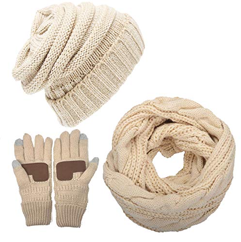 CheChury Winter Hat Scarf and Gloves Set Warm Knitted Scarf Beanie Hat and Touch Screen Gloves Set for Women Skiing Hat Outdoor Sports Cold Weather Sets,Beige,One size