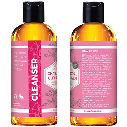 Charcoal Cleanser by Leven Rose with Jojoba Oil & Aloe Vera, Gentle Foaming, Deep Cleansing, Anti-Aging, Stops Breakouts, Pore Shrinking, Great for All Skin Types Facial Cleanser 4 oz - Thumbnail 3