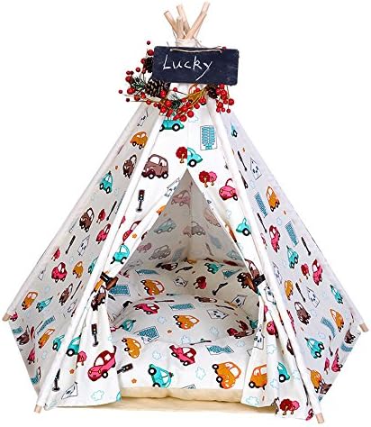 Pet Teepee Dog &amp; Cat Bed - Portable Dog Tents &amp; Pet Houses With Cushion &amp; Blackboard , 28 Inch , Up to 30lbs ,Cars pattern
