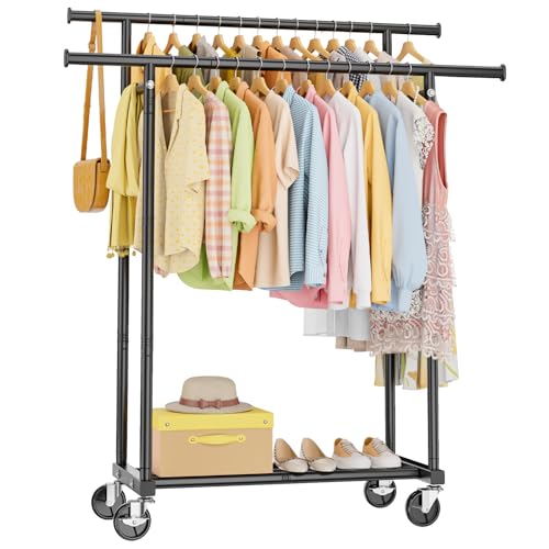 HYSEYY Double Rod Clothes Rail, Rolling Clothes Rack, Metal Clothing Rail with Lockable Wheels & Storage Shelf, Clothing Rack for bedroom, Laundry, Living Room - 160H x 113W x 42D cm, Black