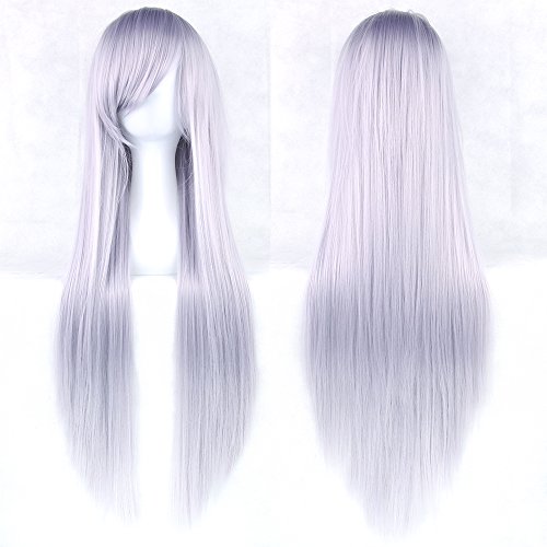 S-SSOY Women's 32" Silver Gray Long Straight Full Wigs Heat Resistant Costume Synthetic Hair Hairpieces With Oblique Bangs For Halloween Anime Cosplay Party Girl Women +Wig Cap
