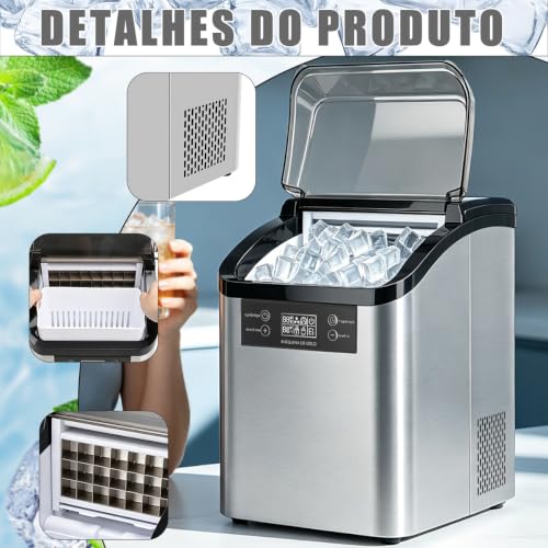 Ice Maker Portátil Inox 20kg/dia, Autolimpeza c/Pá e Cesto Casa Bar 127V