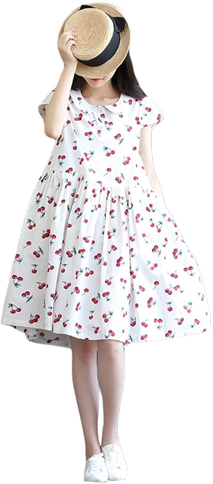 Amazon レディース ワンピース ハイウエスト 森ガール Aライン ピ タ パンネック 大人可愛い 膝丈 裏地なし ゆったり 体型カバー 夏 ストライプ プリント チェリー柄 ワンピース チュニック 通販