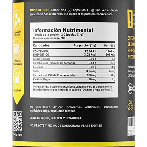 Curcumina Pura de 180 Cápsulas 1000 mg por porción. Ingredientes Naturales. Pure Curcumin B Life.