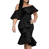 GOBLES Women's Elegant Off The Sholder Back Zipper Ruffles Bodycon Midi Cocktail Dress