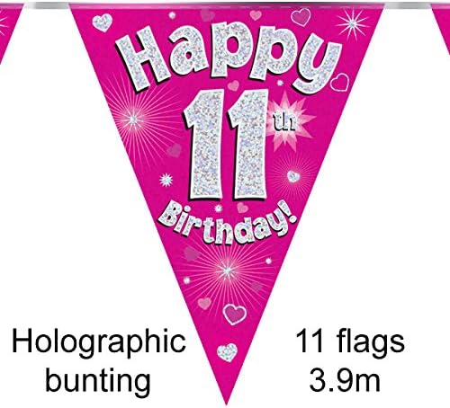 Party Bunting Happy 11th Birthday Pink Holographic 11 flags 3.9m, 36 cm