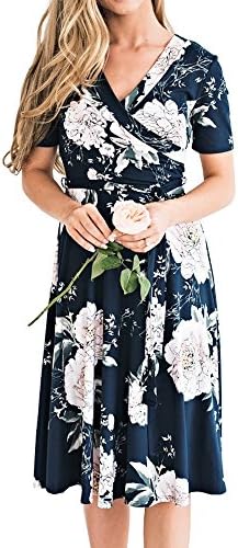 Foshow Womens Short Sleeve Dresses Floral Empire Waist Midi Vintage Summer Dress with Pockets