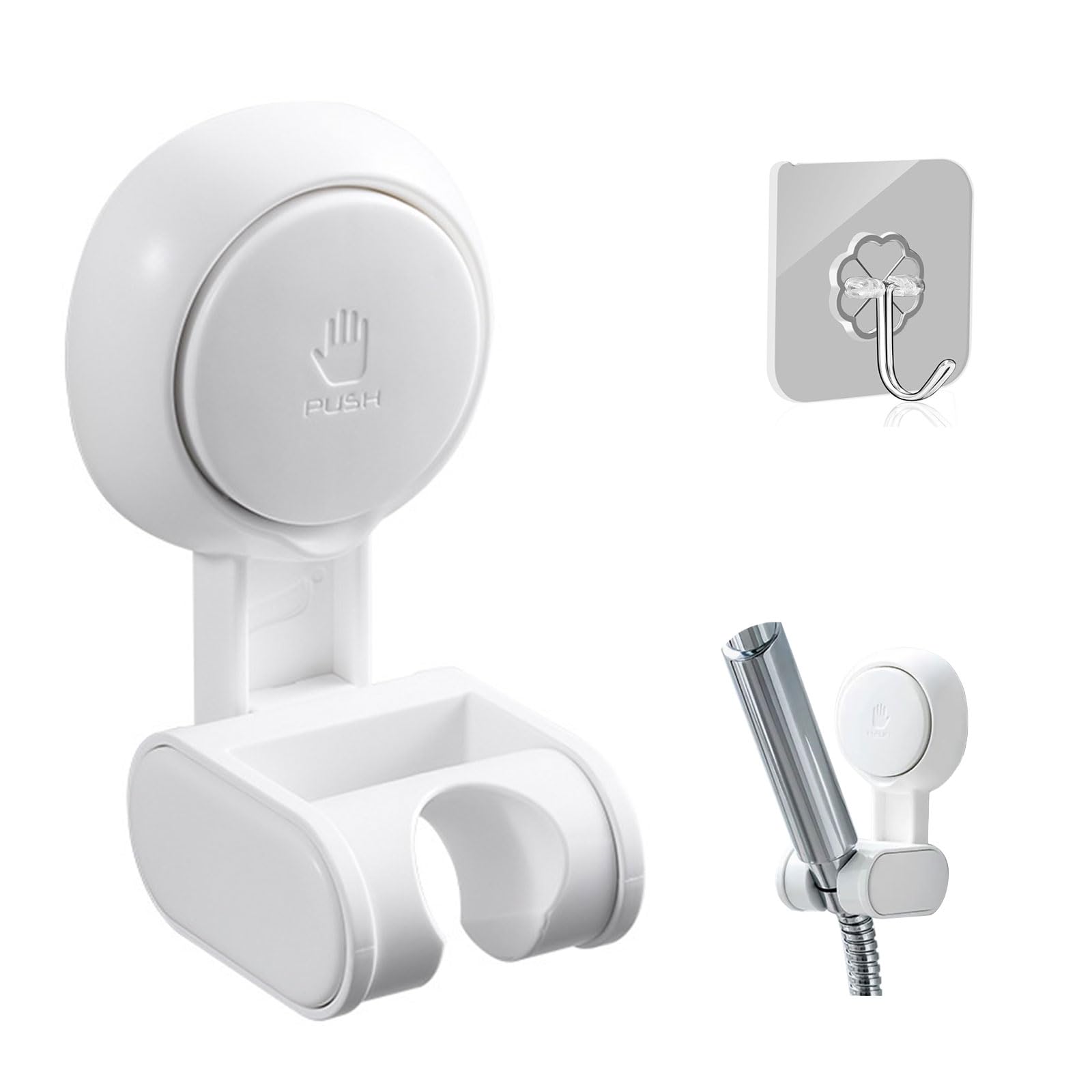 CLKE Shower Head Holder without Drilling, White Suction Cup Shower Holder, Shower Holder with Hook, Adjustable Shower Base, Waterproof (White)