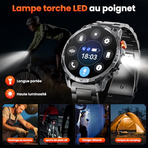 Haulvean Militaire Montre Connectée Homme, 1000mAh Batterie Smartwatch, Deux Bracelets, 1.75" HD Grand Écran, Lampe LED, 100＋Modes Sportifs, Surveillance Santé, Appel Bluetooth pour iOS Android（Noir）