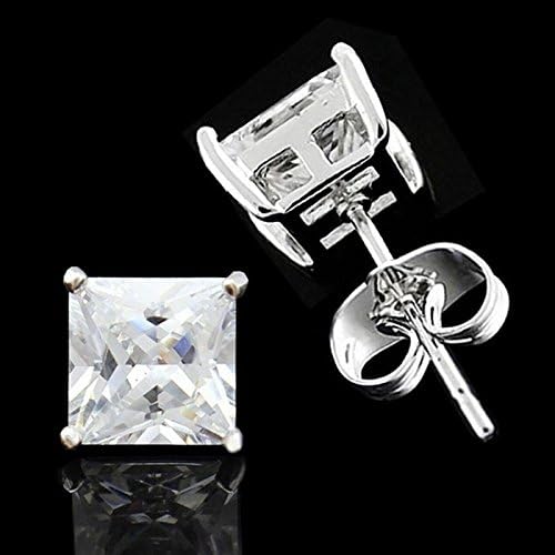 18K white Gold GP Men Princess 4-10MM Square Clear CZ stone Stud Earring