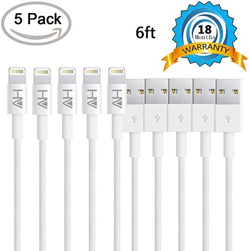 iPhones cable HV® 5 packs of 6 ft White 8 Pin USB Cable compatible for iphone 5/ 5C/ 5S/ 6/ 6 Plus/ 6S/ 6S Plus and ipad Mini Air Rapid (8 Pin) - 18 Months Warranty