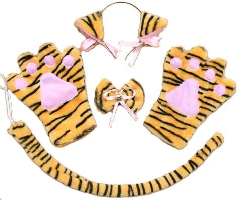 Amazon D Spot 萌え萌えにゃんこ5点セット 猫手 シッポ リボン 猫耳 鈴付き 虎柄 コスプレ 仮装 通販