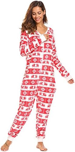 Aimado Womens Christmas V Neck Animal Pattern Onesie Long Sleeve One Piece Pajama S-XXL