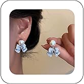 Erimberate Bohemian Crystal Bow Drop Earrings Silver Pearl Bow Tie Earrings Blue Cz Bow Dangle Earrings Small Round Pearl Stud Earrings Jewelry for Women