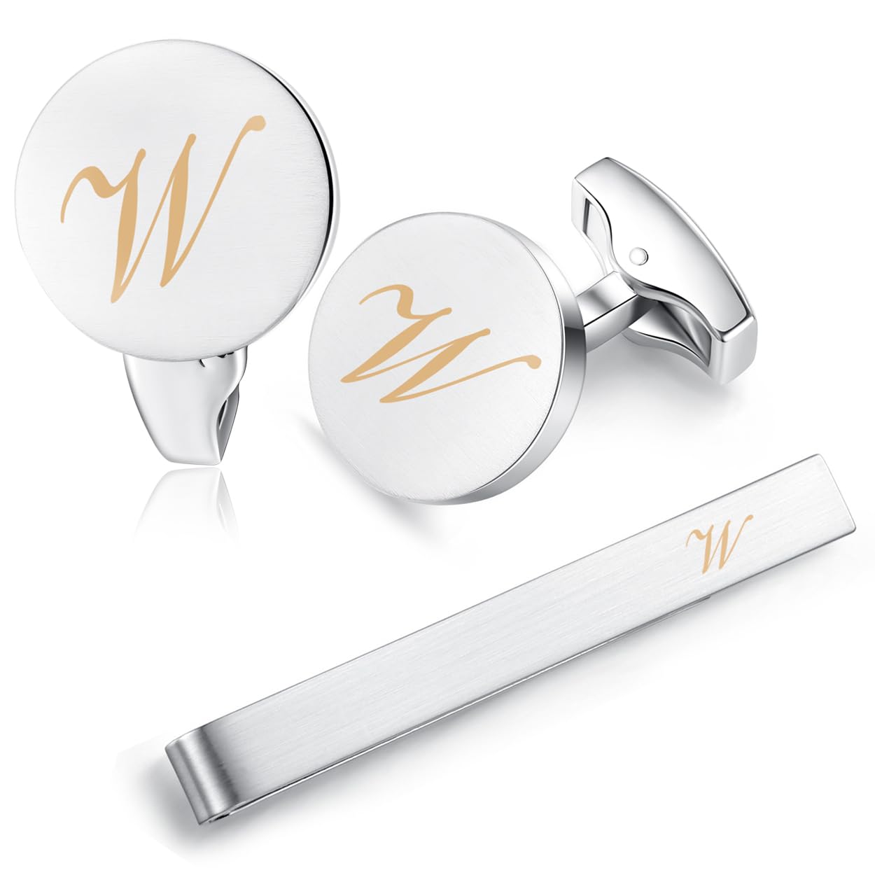 HONEY BEAR Initial Alphabet Letter Cufflinks Tie Clip Set for Mens - Brushed Silver Round for Business Wedding Gift A - Z