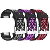 SKYLET for Fitbit Charge 2 Bands, 3 Pack Breathable Silicone Replacement Bands for Fitbit Charge 2 with Secure Watch Clasp (No Tracker)[Small, 3PC: Black-Gray&Black-Purple&Black-Red]