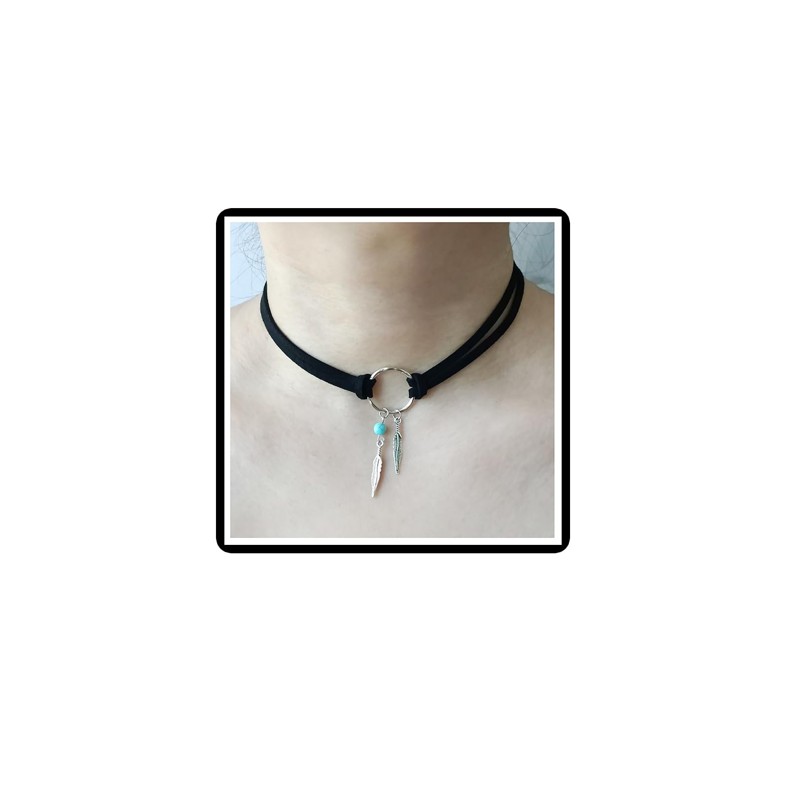 Turquoise Feather Choker Necklace Gothic Bohemian Leaf Leather Chain Jewelry for Women Girls (Black)