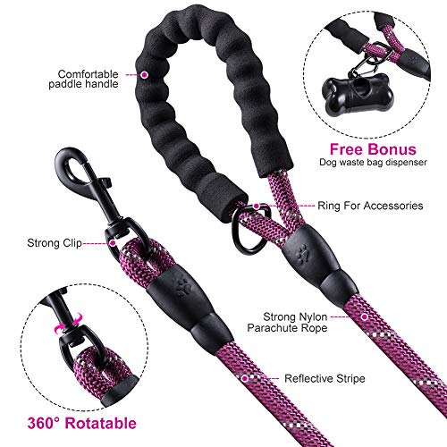 JBYAMUS 5 FT Strong Dog Leash with Comfortable Padded Handle and Highly Reflective Threads for Medium and Large Dogs (5-FT, Purple)