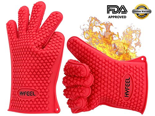 HYFEEL Silicone BBQ Cooking Gloves Kitchen Oven Mitts Heat Resistant for Baking Grilling Frying Barbeque with Fingers,1 Pair (Red)