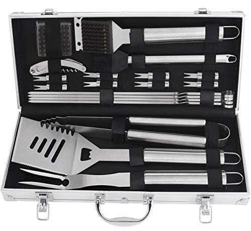 Grilljoy Birthday Xmas Gift With Gift Wrapping Box For Man Woman - 20pc BBQ Grill Tool Set, Stainless Steel Accessories In Aluminum Storage Case, Complete Outdoor Grilling Barbecue Utensils