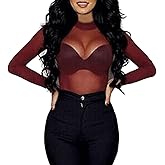 Womens Sheer Mesh Tops Shirts, Long Sleeve Mock Neck See-Through Slim Ladies Blouse T-Shirt Clubwear