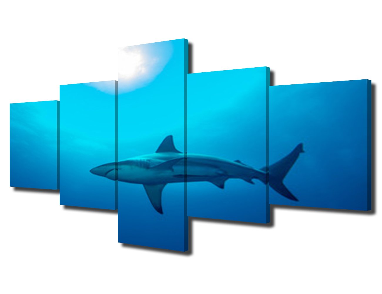 Mogyn Photo Printed Artwork for Wall Decor Swimming Great White Shark Painting Underwater Picture for Living Room Decoration 5 Piece Canvas Wall Art Stretched and Framed Ready to Hang(50''Wx24''H)
