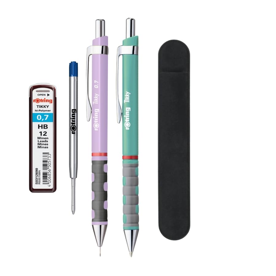 rOtring Tikky Pastel Ballpoint Pen & Mechanical Pencil Set | Blue Ink (M) | HB 0.7 mm | Orchid & Sea Blue | Velvet Pen Case + Refills