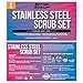 Stainless Steel Scrubber Set, Marine Grade Steel Wool Scouring Pads with Brush Handle, Heavy Duty Cleaning Supplies for Kitchen, Dishes, Teak Wood, Outdoor Furniture, and Metal Tough Cleaning Tasks