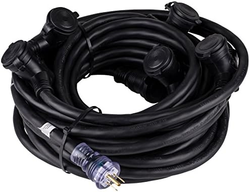 Milspec 50' 12/3 STW ProCap Covered Multi-Outlet Power Distribution Cord, 600V, Outlets @ 10' Intervals, Black