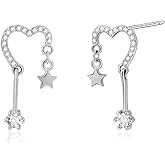 Watforsh 925 Sterling Silver Star Heart Stud Earrings for Women Celestial Dangle Design Hypoallergenic Cubic Zirconia Earrings