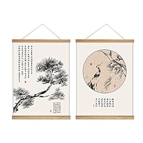 2 Panel Hanging Poster with Wood Frames Bird Flower Bamboo Canvas Artwork Wall Picture Home Decoration - 18"x24"x2 Panels