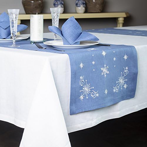 Linen Christmas and New Year Table Runner — Soft and Durable Cloth — Embroidered Table Cover— Premium Quality — Eco-Friendly 100% Pure European Linen Fabric — 57"x18" (140x45 cm) (Winter Fairy Tale)
